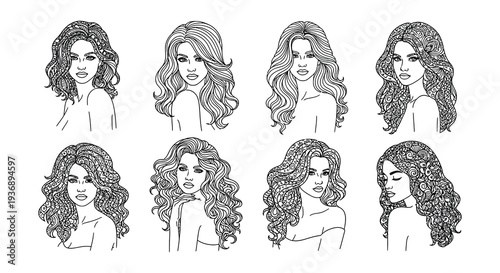 Collection of hand drawn female faces with various detailed hairstyles