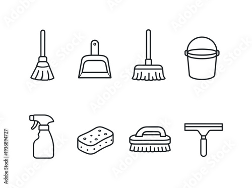 Collection of simple line art icons representing various cleaning tools and supplies