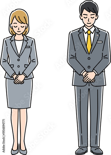Business man and woman bowing politely showing respect greeting and apology gesture professional office etiquette concept in simple flat character illustration style