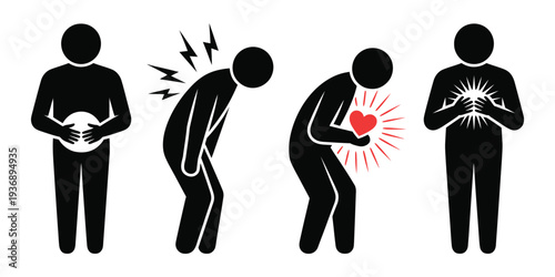 Chest pain and heart attack stickman icon set medical emergency pictograms, simple human figure icons showing chest pain symptoms, cardiovascular health