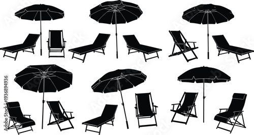 Beach umbrella and sunbed silhouette set, summer vacation deck chair collection, cad drawing flat vector illustration, outdoor furniture garden lounge