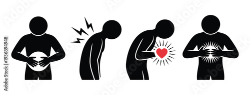 Chest pain and heart attack stickman icon set, medical emergency pictograms showing person holding chest in pain, cardiovascular health warning symbols, healthcare awareness