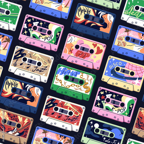 Repeatable pattern of different vintage audio cassettes. Endless background of retro mix tapes with various music: rock, rap, heavy metal, hip hop, jazz, pop, disco. Flat seamless vector illustration.