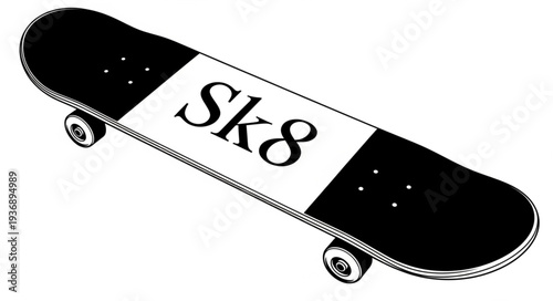 Black and white illustration of a skateboard with the word Sk8 on it.