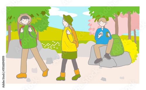 春のハイキングをする人々の背景付きイラスト