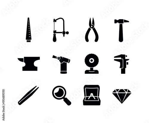 Collection of jewelry making tools and symbols in black silhouette on white background