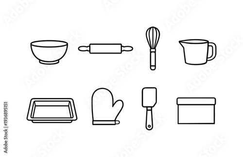 Collection of simple line art icons representing baking tools and kitchenware