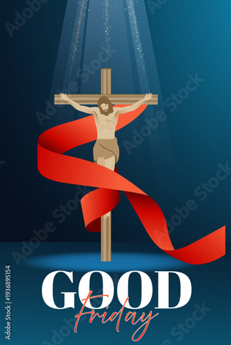 Good Friday Worship Poster with Crucified Jesus, Red Ribbon, and Heavenly Light Background