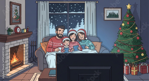 Family watching television together during Christmas season, enjoying holiday time.