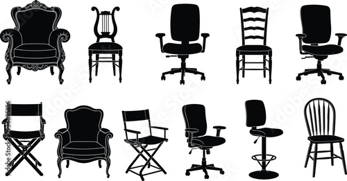 Collection of chair silhouettes including vintage armchairs, office chairs, wooden dining chairs and director chair icons isolated on white background, furniture design set