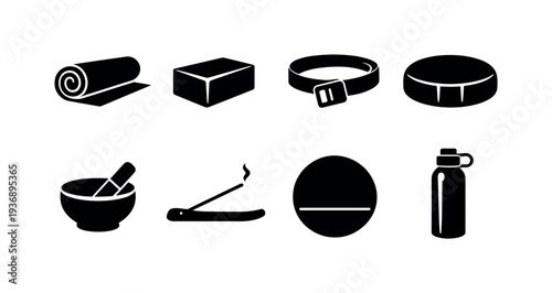 Collection of yoga and wellness icons including a mat, block, strap, bolster, mortar and pestle, incense, and water bottle
