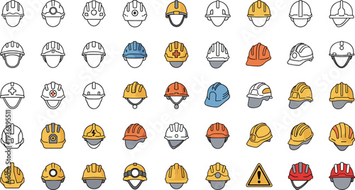 Construction safety helmet icons collection, industrial hard hat worker protection gear vector illustration set engineering safety equipment