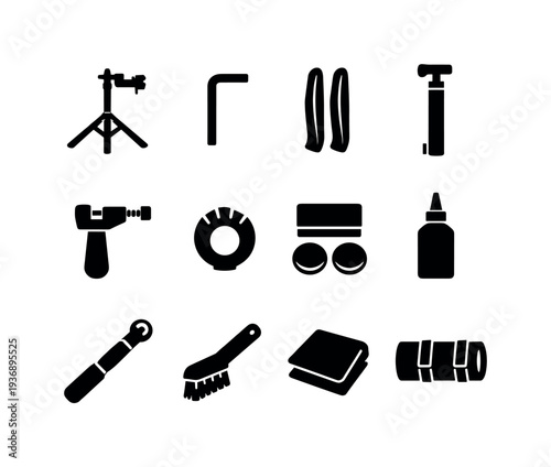 Collection of bicycle maintenance and repair tools and accessories icons