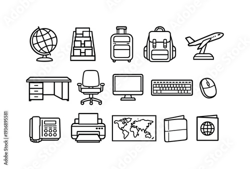Collection of office and travel icons, including a globe, desk, chair, computer, and airplane