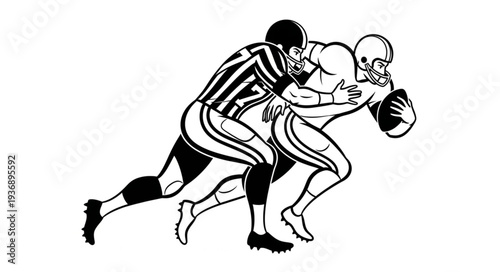Football players in action, intense competition, black and white illustration.