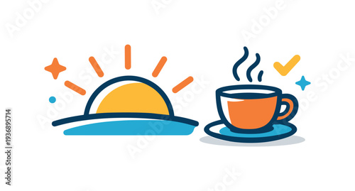 Sunrise over the ocean with a steaming cup of coffee and a checkmark