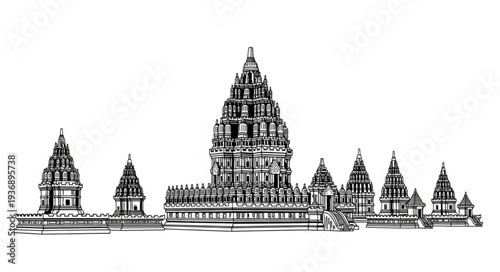 Intricate architectural illustration of ancient temple complex, detailed artwork.
