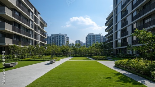 Wallpaper Mural A serene residential area featuring modern buildings surrounded by green lawns and trees Torontodigital.ca