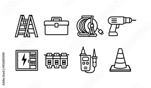 Collection of electrical tools and safety equipment icons in a clean line art style