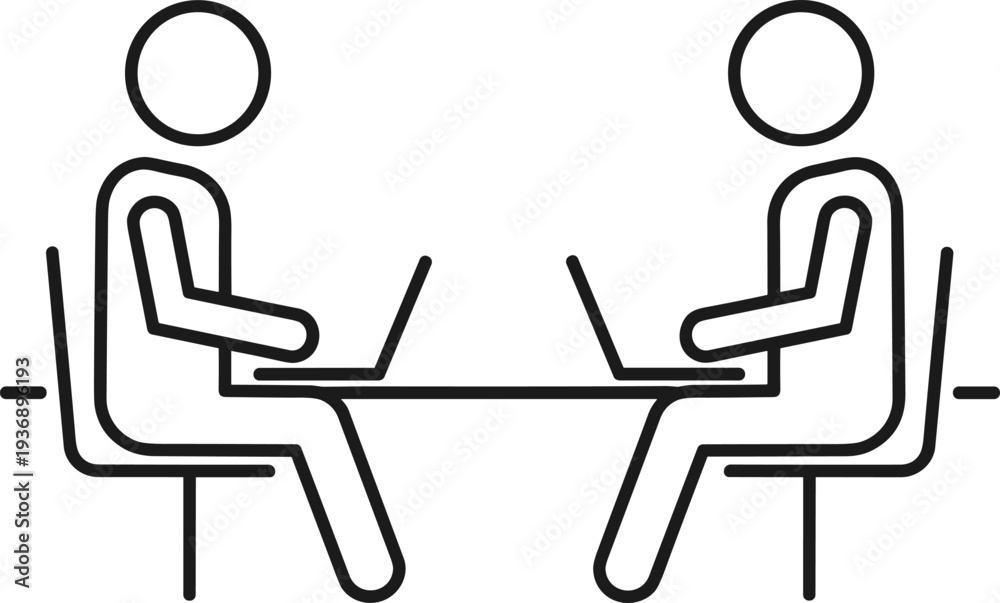 Fototapeta premium Business Meeting Line Icon with Two People Working on Laptops at Table, Remote Collaboration, Office Discussion, Teamwork Communication Concept for Corporate Workspace Illustration