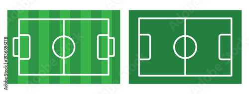 Top-down vector illustrations green soccer field with white markings, including the center circle, penalty areas, and goals.