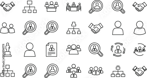 Business teamwork and recruitment outline icon set collaboration hierarchy search partnership vector symbols collection