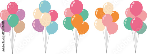 Colorful balloon bouquets set, party celebration decoration vector, cad drawing flat vector illustration, bunch of balloons for birthday and holiday