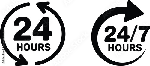 24 hours and 24/7 service icon set, full time open customer support symbols vector illustration