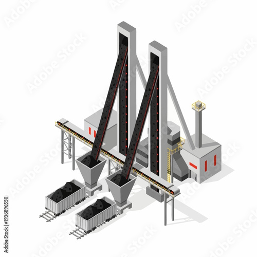 Isometric Coal Mine Loading Station with Conveyor Belts and Rail Cars.