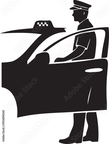 Taxi driver silhouette standing by car door transportation service art