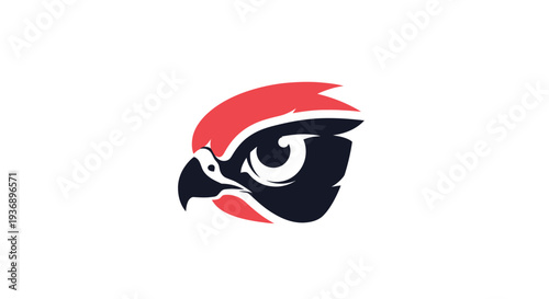 Stylized bird head logo with red and black colors.