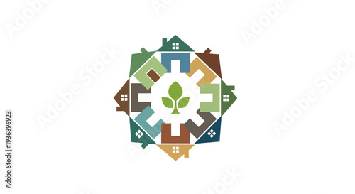 Eco-friendly community development concept with green leaves and houses.