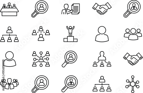 Business teamwork and recruitment outline icon set people search hierarchy collaboration vector symbols collection