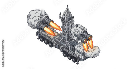 Pixel Art Rocket Launcher Vehicle with Exhausting Flames and Smoke