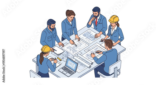Diverse team of architects and engineers collaborating on blueprints at a table