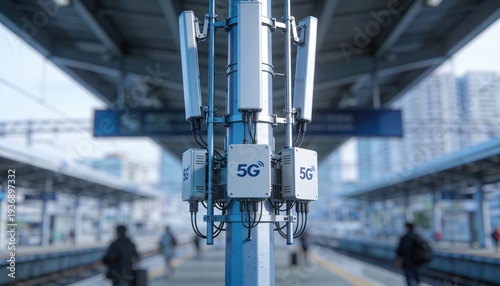 Medium shot of 5G smart pole at a transit hub showcasing antennas and edge compute units with blurred urban background for enhanced connectivity visuals.