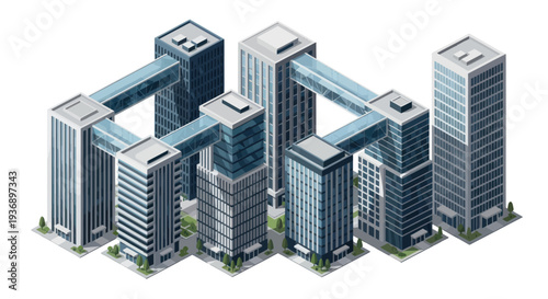 Modern interconnected office buildings with skybridges, isometric view, urban architecture