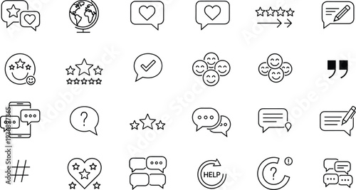 Customer Feedback and Social Media Communication Line Icons Set, Review Rating Chat Messages Support Help Symbols Vector Collection