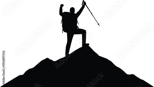 Mountain Climber Reaching Summit with Ice Axe Silhouette – Adventure Achievement and Outdoor Success Concept, Ideal for Motivation Posters and Travel Branding