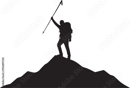 Mountain Climber Reaching Summit with Ice Axe Silhouette – Adventure Achievement and Outdoor Success Concept, Ideal for Motivation Posters and Travel Branding