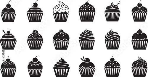 A collection of black and white cupcake icons arranged in a grid. Each cupcake has unique frosting designs and a cherry on top.