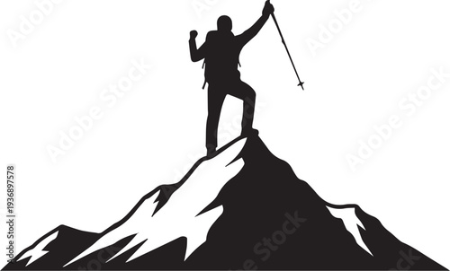 Mountain Climber Reaching Summit with Ice Axe Silhouette – Adventure Achievement and Outdoor Success Concept, Ideal for Motivation Posters and Travel Branding