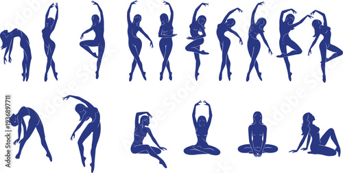 Female dancer silhouettes in graceful ballet and contemporary poses, elegant blue dancing women figures isolated on white background for performance and art design