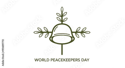 World Peacekeepers Day illustration with a bell and leaves symbolizing harmony and global unity.