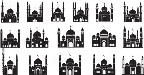 A collection of black silhouette mosque icons arranged in a grid. Each icon depicts a mosque building with multiple minarets and a central prayer hall.
