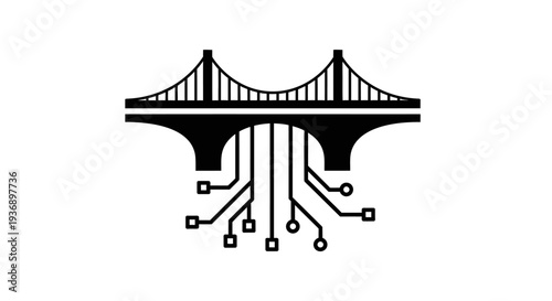 Black and white illustration of a bridge with circuit board design underneath.