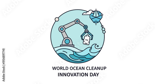 World Ocean Cleanup Innovation Day illustration with robotic arm and trash.