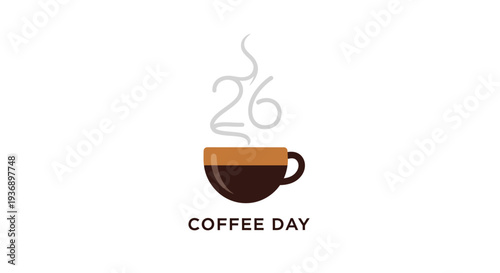 International Coffee Day celebration with steaming coffee cup illustration.