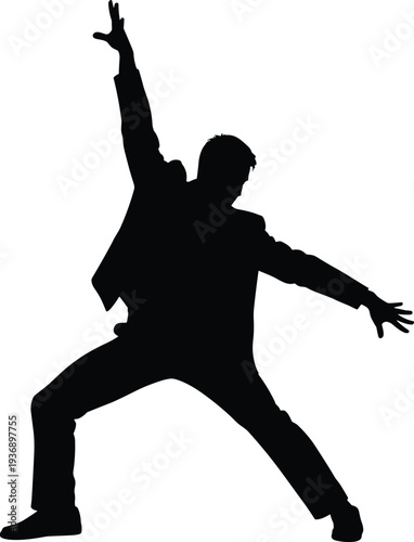 Black silhouette illustration of a male disco dancer in a dynamic 1970s dance pose isolated on white background for party.