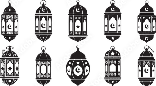 black silhouette lanterns are arranged in a grid. Each lantern has a unique decorative pattern with stars and crescent moons.